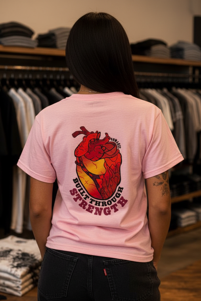 Pink shirt back - Built Through Strength